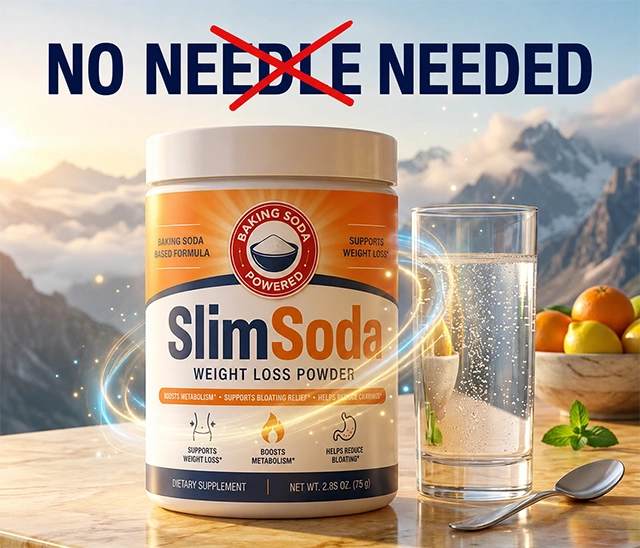 Six SlimSoda dietary supplement tubs lined up on a kitchen table