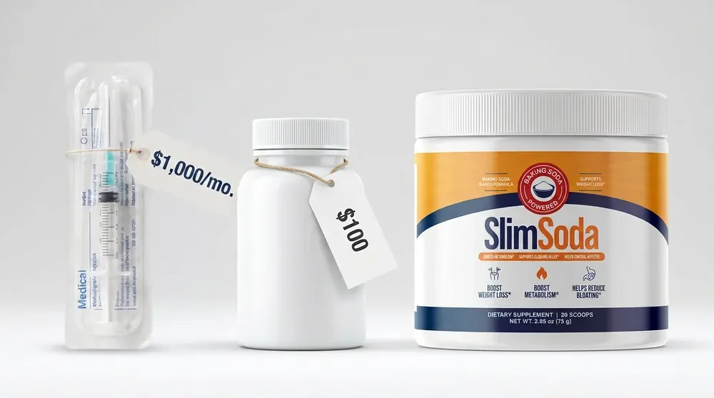 A SlimSoda tub shown next to other weight-management product formats and their price tags