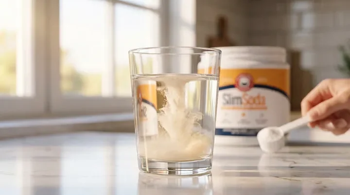 SlimSoda powder dissolving in a glass of water next to the tub