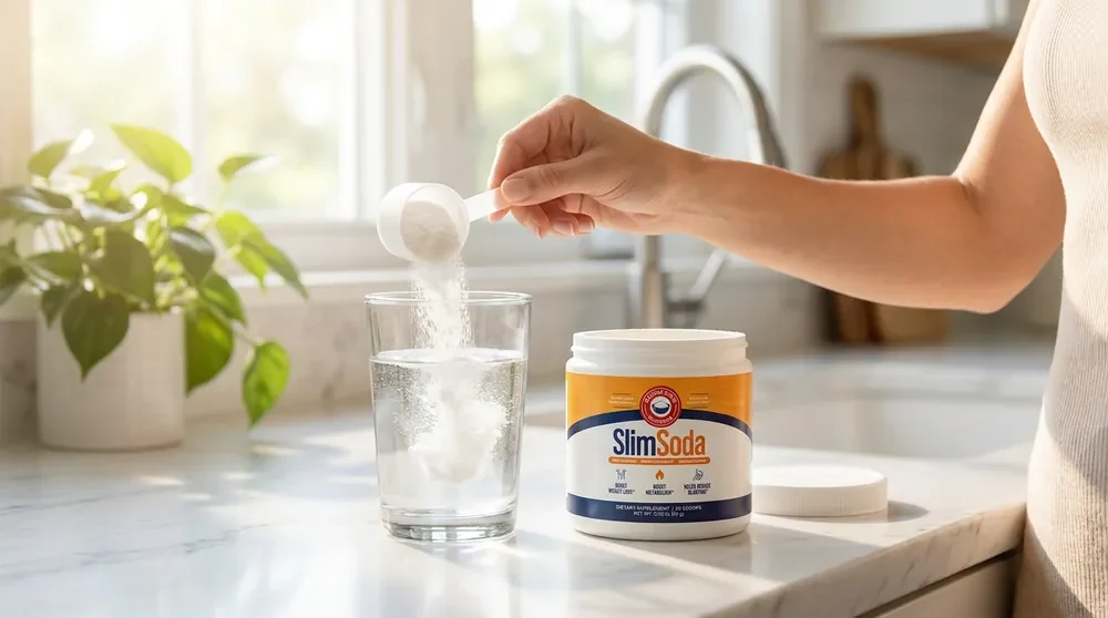 Pouring one SlimSoda scoop into a glass of water on a kitchen counter