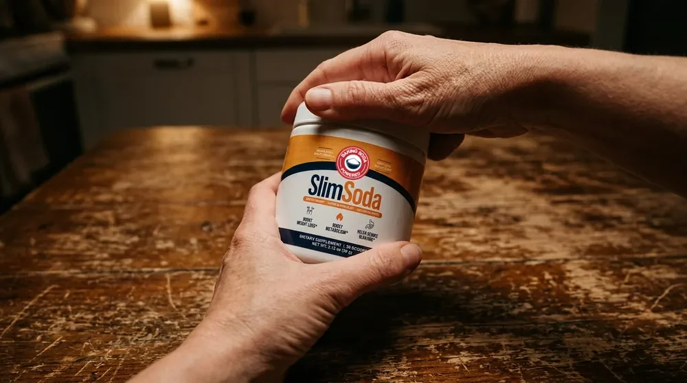 A SlimSoda tub held in two hands over a wooden table