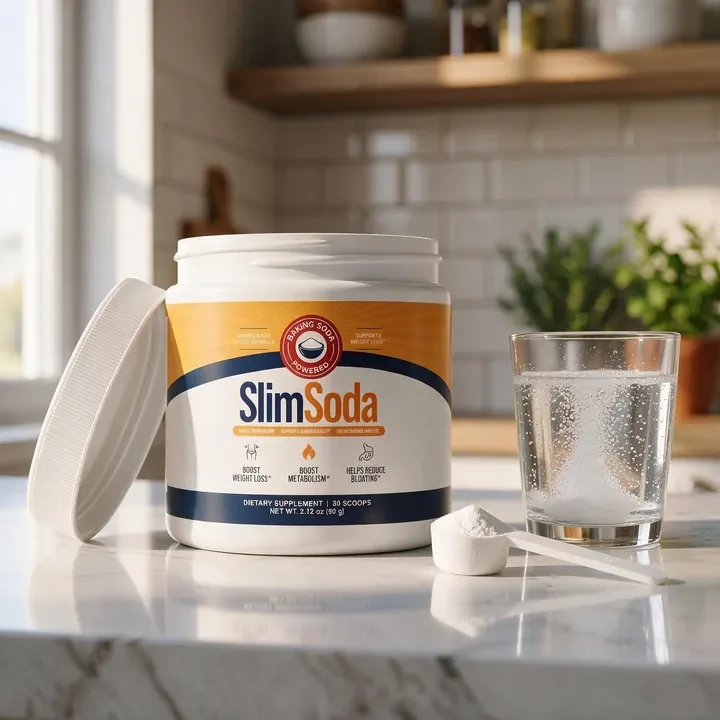 Open SlimSoda tub with the measuring scoop and a glass of water